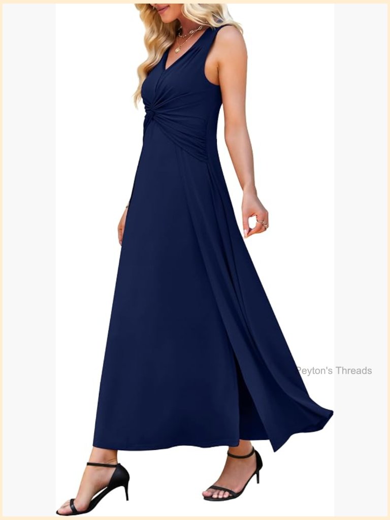 V Neck Sleeveless Maxi Dress Pleated Cross Twisted Flowing Long Dress